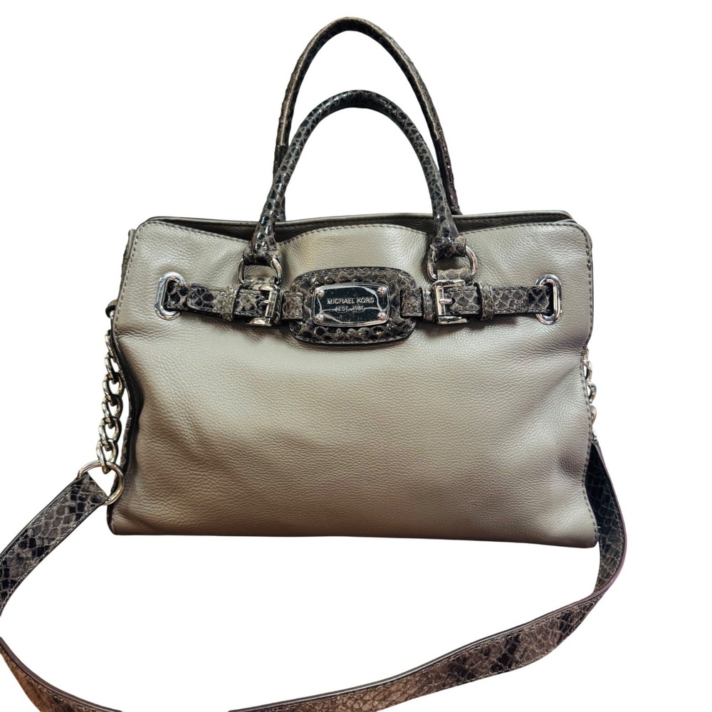 Michael Kors Grey Pebbled Leather & Snakeskin Embossed Satchel Crossbody Bag - Picture 7 of 14